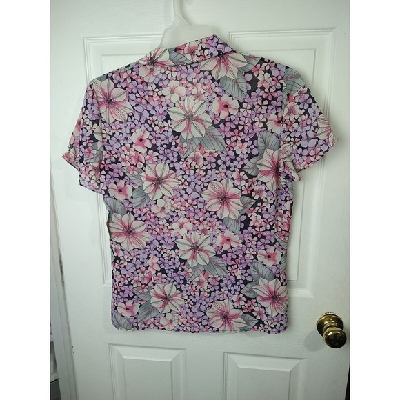 Sag Harbor Purple Floral V Neck Button Semi Sheer Blouse. Size S - Picture 9 of 9